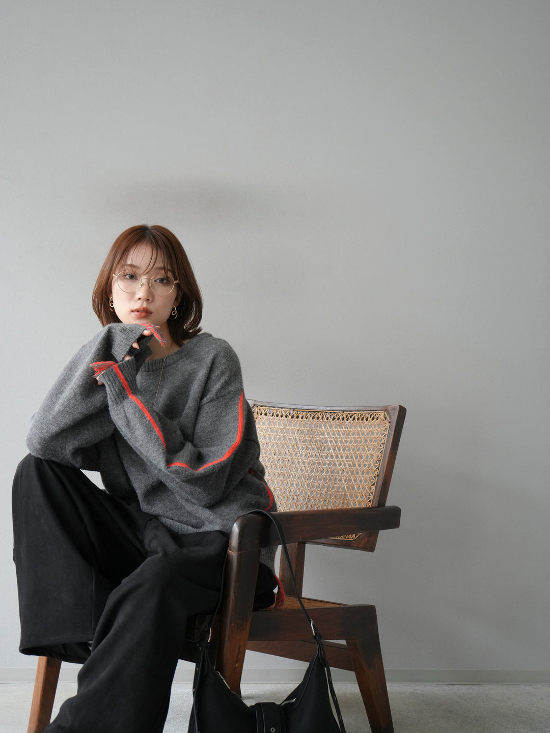 [予約]配色ステッチフリンジニットプルオーバー /チャコール