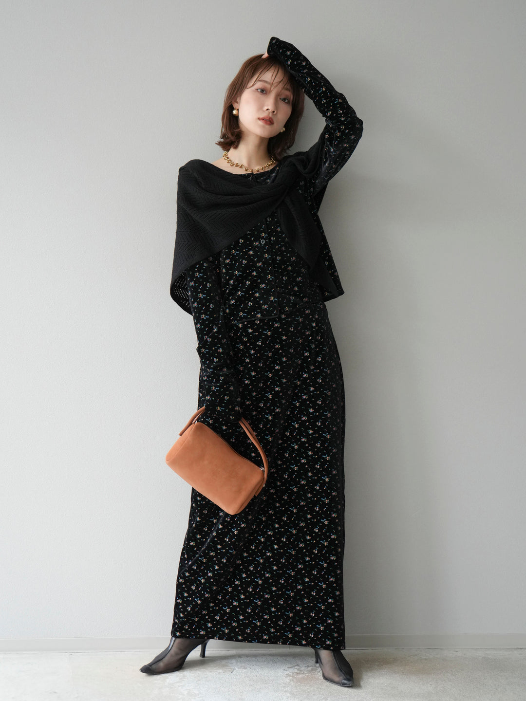 [SET]ベロアフラワープリントカーディガン+ベロアフラワープリントIラインスカート(2set)