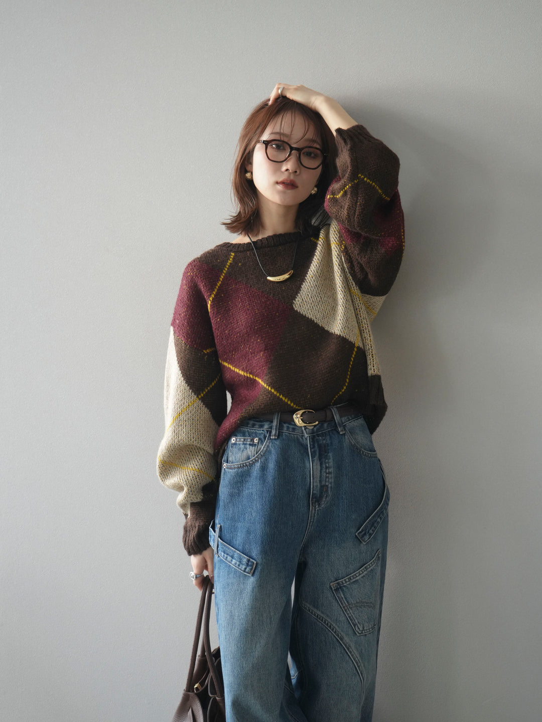 [予約]配色ステッチアーガイル柄ニットプルオーバー/brown