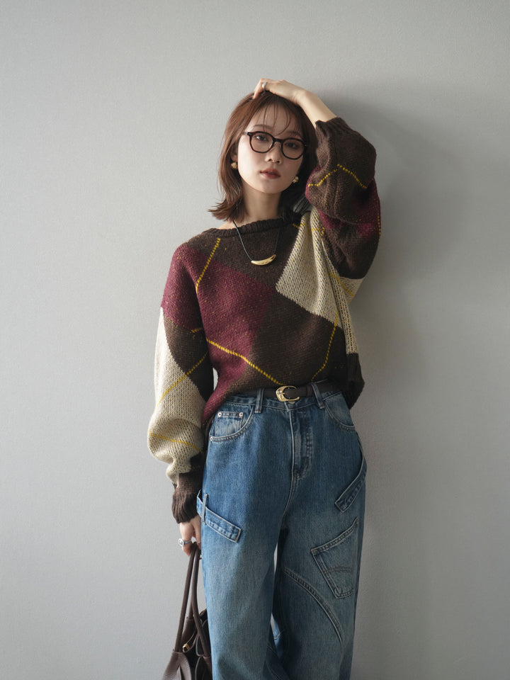 [予約]配色ステッチアーガイル柄ニットプルオーバー/brown