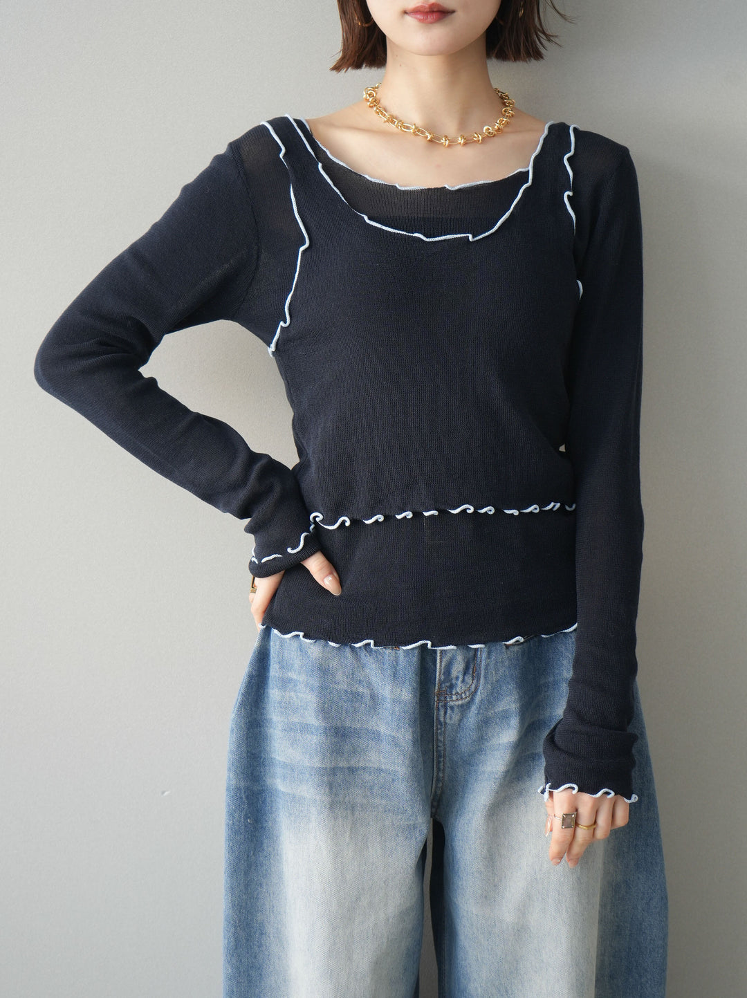 [SET]バイカラーメローアンサンブルシアーニットトップス+フロントポケットサイドタックワイドデニム(2set)