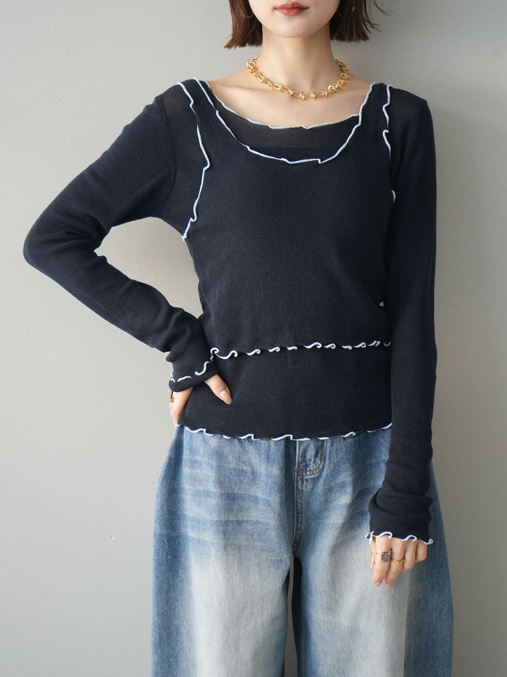 [SET]バイカラーメローアンサンブルシアーニットトップス+フロントポケットサイドタックワイドデニム(2set)