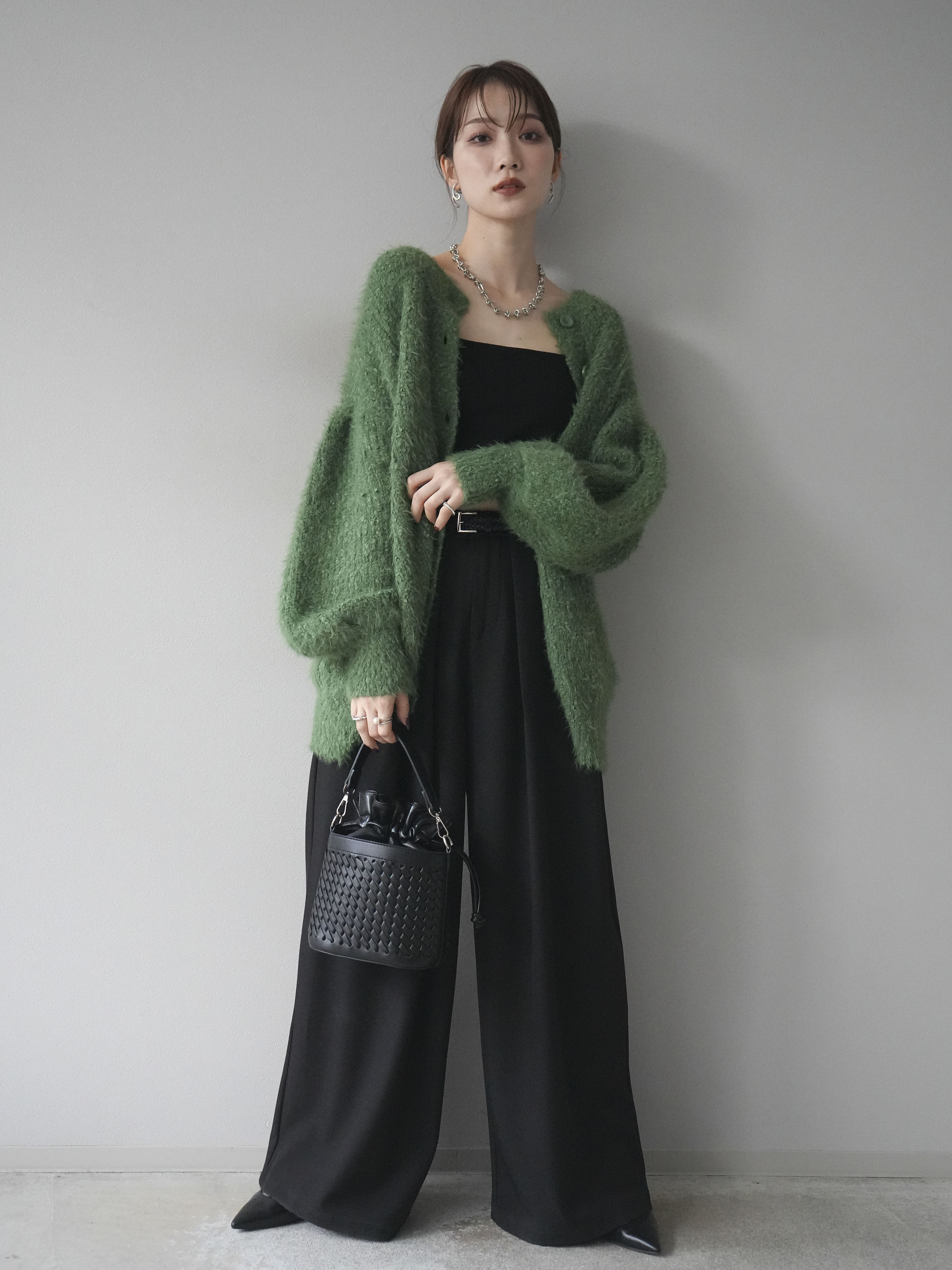 SET]クルーネックランダムシャギーカーディガン+ベルトループデザイン