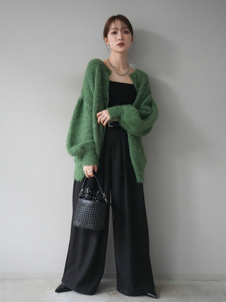 [SET]クルーネックランダムシャギーカーディガン+ベルトループデザインワイドパンツ(2set)