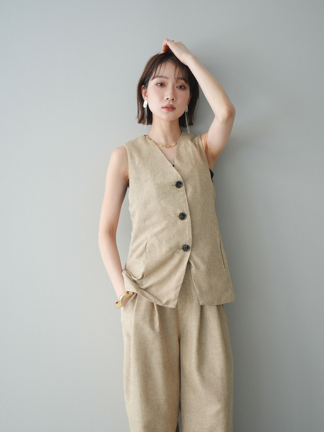 [SET]リネンライクバックオープンジレ+リネンライクタックワイドパンツ(2set)