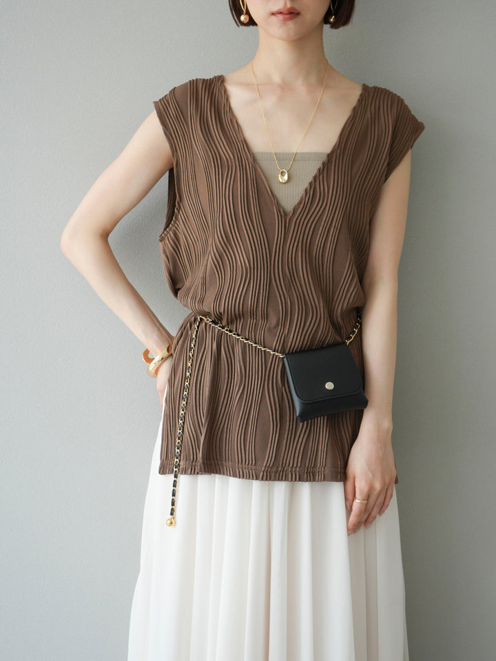 [SET]ウェーブパイピングVネックベスト+シフォンフレアスカート(2set)