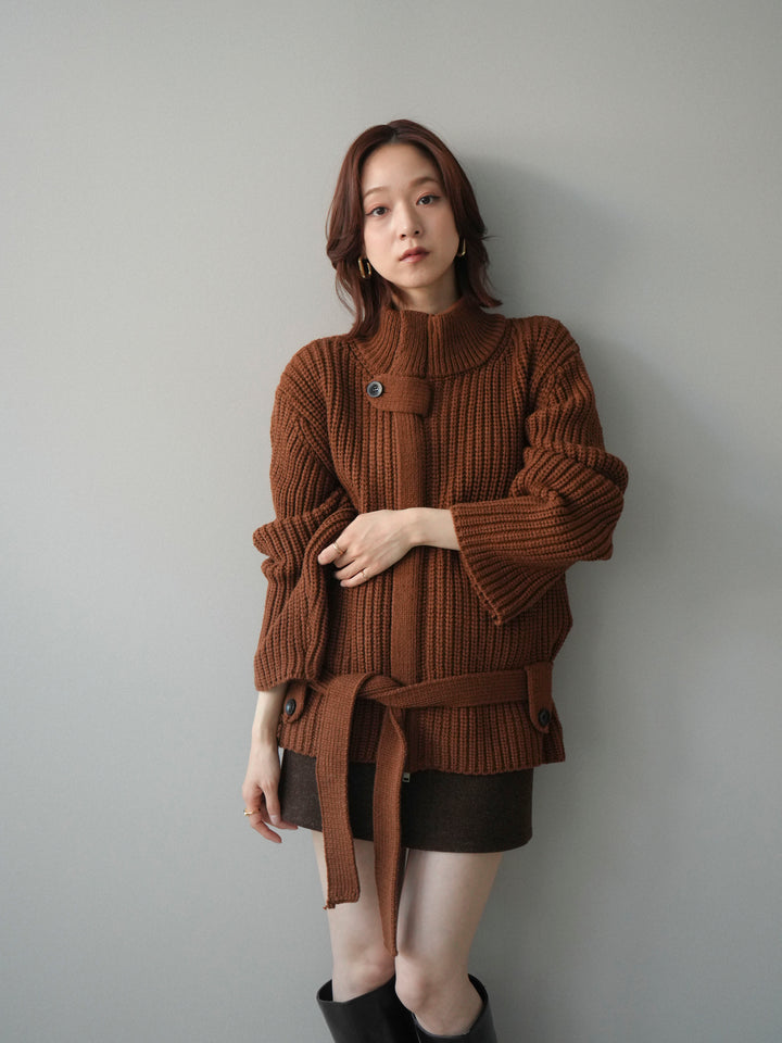 [予約]畦編みボトルネックZIPニットカーディガン/brown
