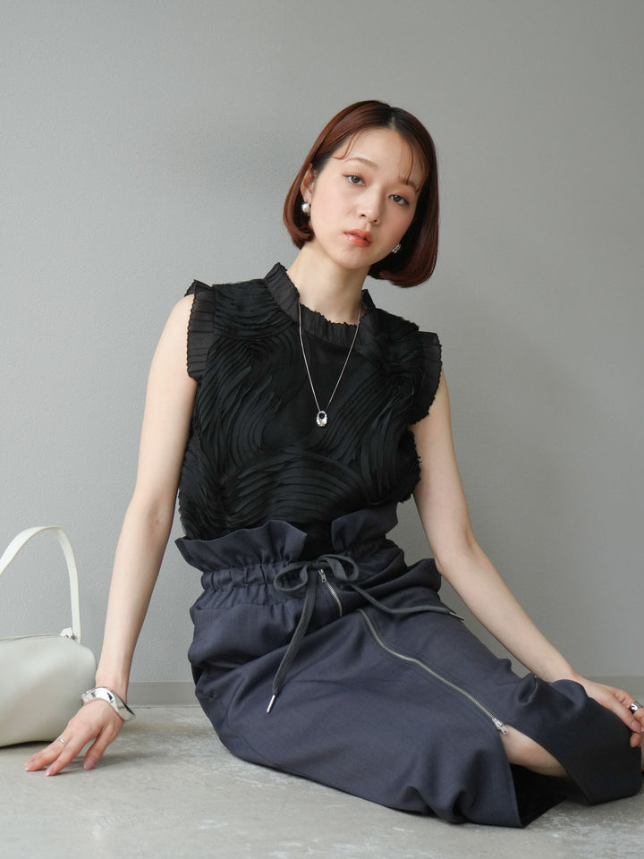 [SET]チュールジャガードノースリブラウス+ヘザーエステルギャザージップスカート(2set)