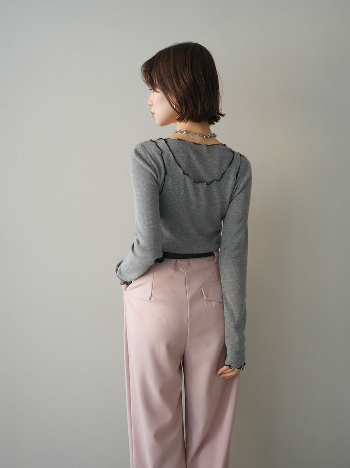 [SET]バイカラーメローアンサンブルシアーニットトップス+ベルト付キーホルダーモチーフワイドパンツ(2set)