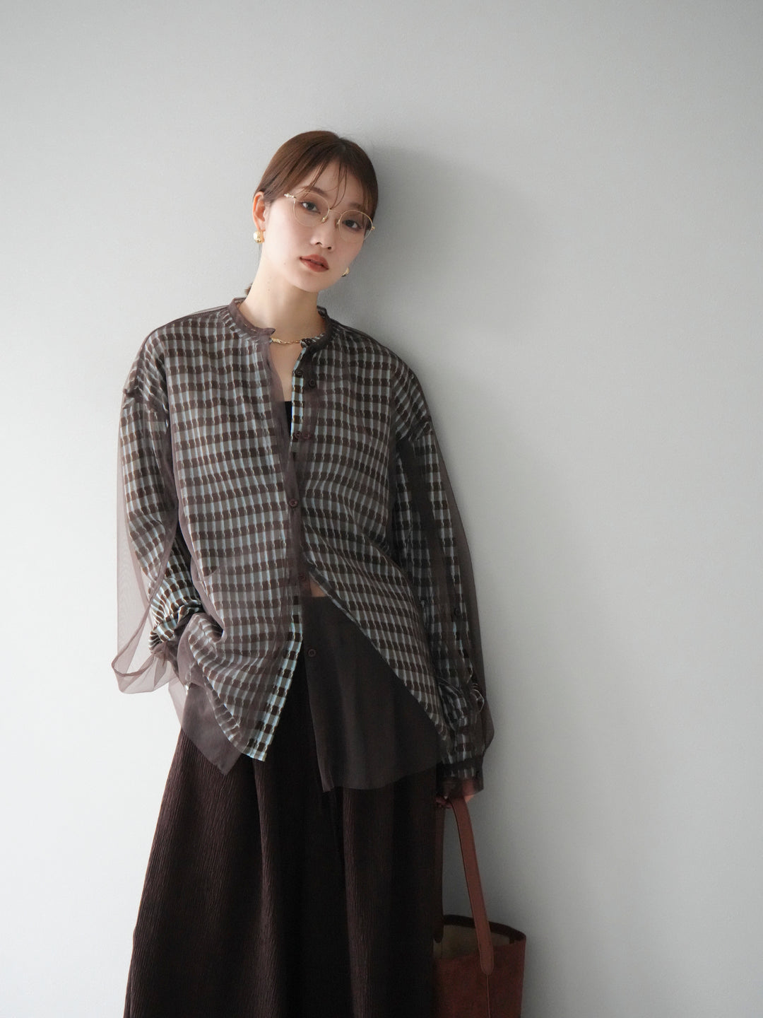 [予約]2WAYスリーブチュールシャツ/ブラウン