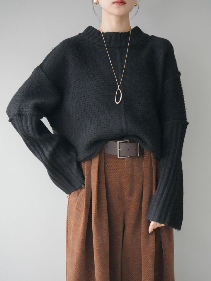 [予約]編み地切替ボトルネックニットプルオーバー/black