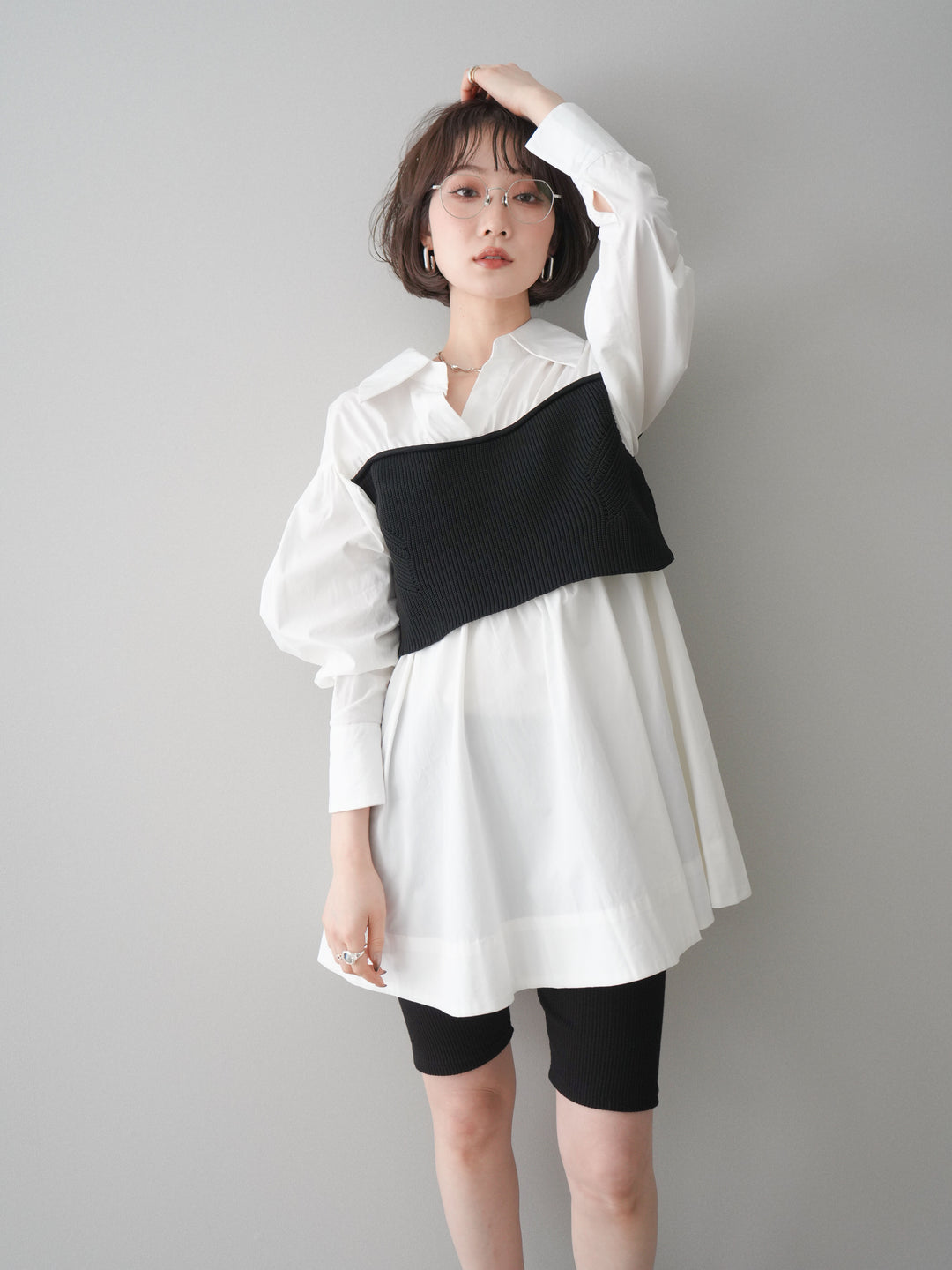 [予約]ニットビスチェドッキングフレアシャツチュニック/offwhite