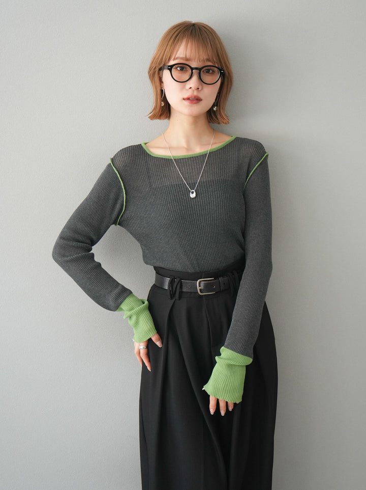 【預購】色彩協調的透明亞麻針織上衣/炭綠色