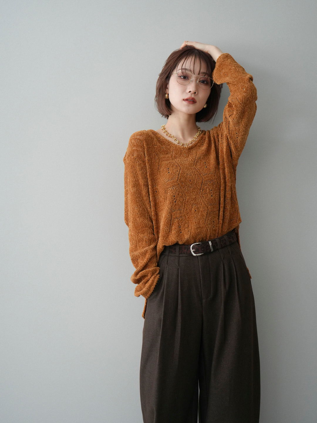 [予約]モール透かし編みニットトップス/camel