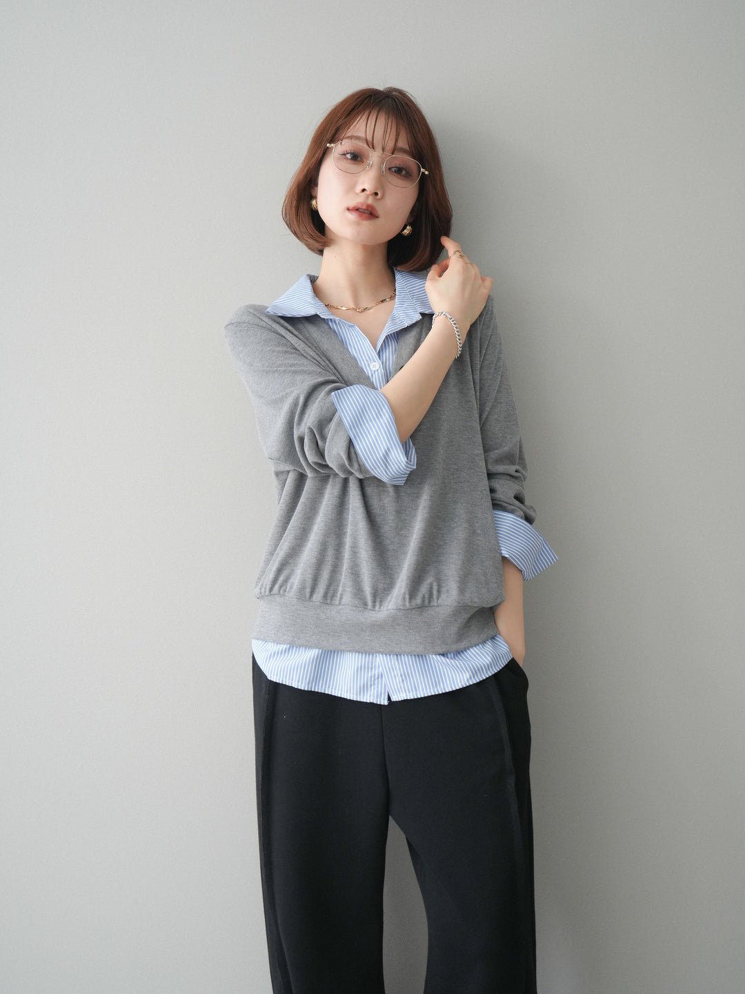 [予約]シャツレイヤードデザインカットプルオーバー/lightgray