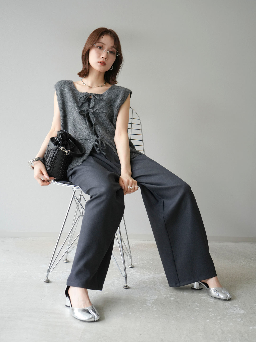 [予約]フロントスリットリボンニットベスト/グレー