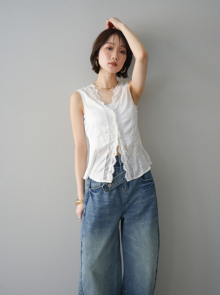 [予約]ノースリサテンレースキャミソール/white
