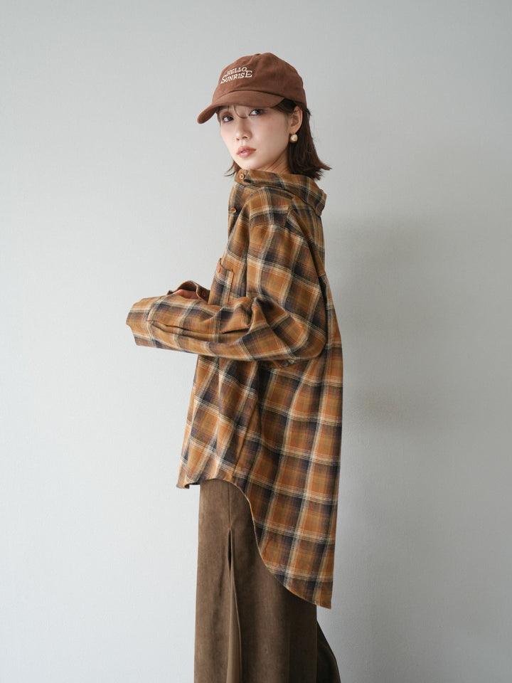 [予約]起毛チェックオーバーシャツ/キャメル