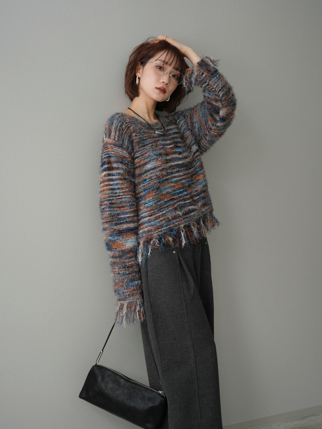 [SET]裾フリンジミックスヤーンシャギープルオーバー+ベルト付起毛コクーンパンツ(2set)