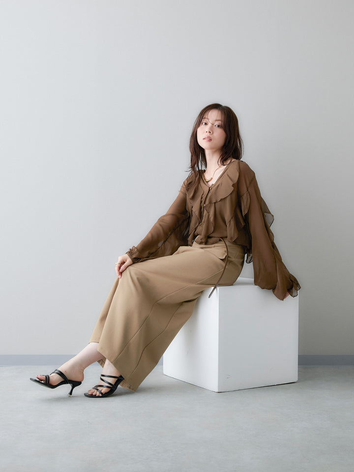 [SET]シアーフリルフロントボタンブラウス+カップ付テレコリブベアキャミソール+クレープデシンフラップ付きストレートスカート(3set)