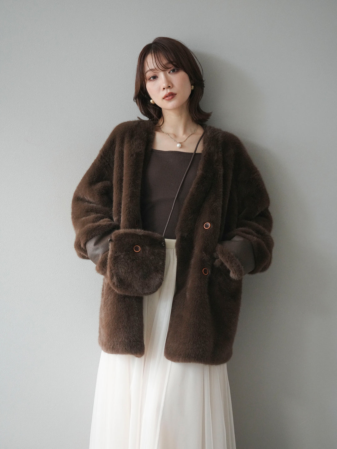 [SET]バッグ付エコファーノーカラーコート+チュールボリュームスカート(2set)