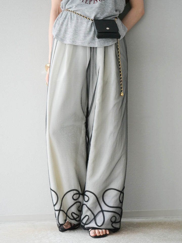 [SET] 繩繡薄紗疊穿褲+麻質寬鬆寬褲（2件組）