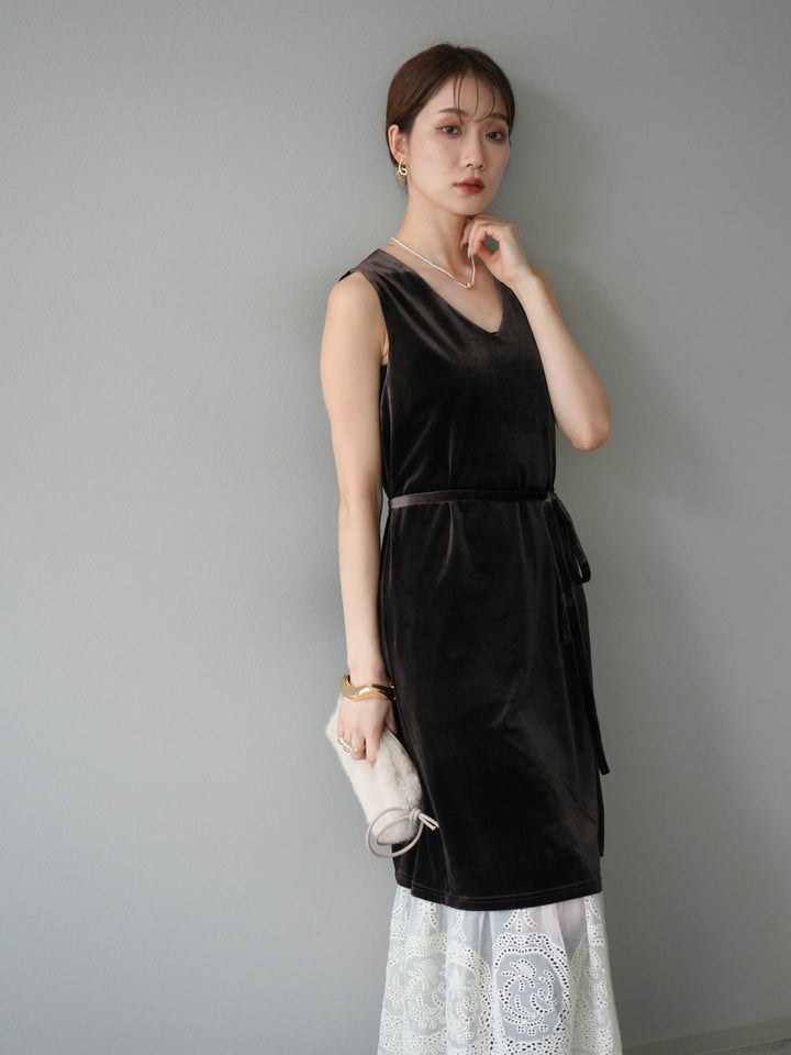 [予約]裾コットンレースベロアワンピース/ブラウン