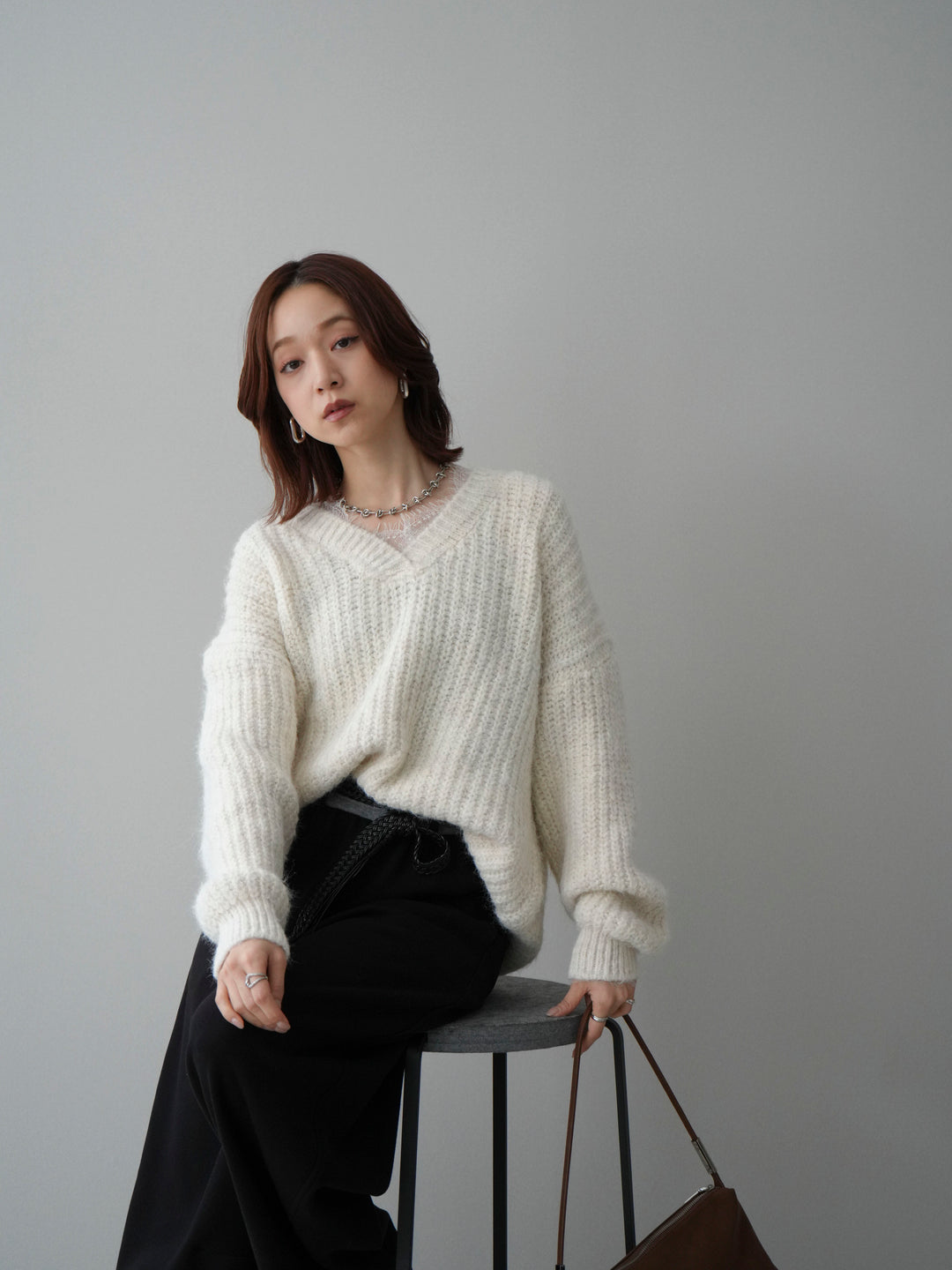 [SET]Vネックレースニットプルオーバー+編み込みベルト付きウエスト配色スエットパンツ(2set)