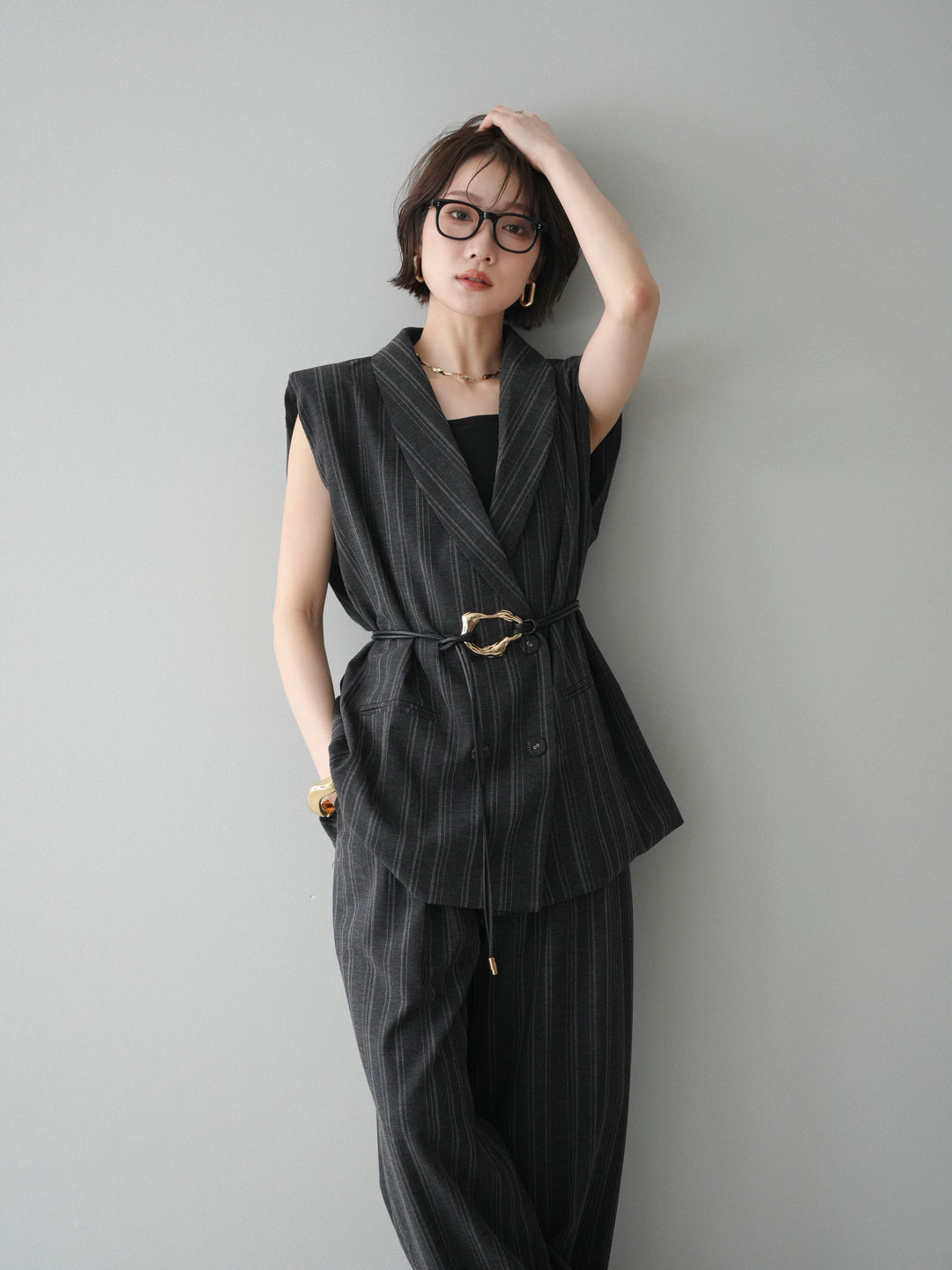 [SET]モチーフベルト付ストライプジレ＆パンツSETUP