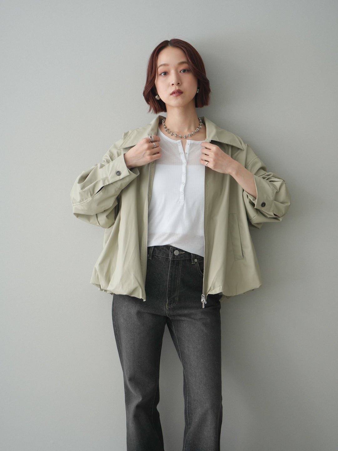 [予約]ウォッシャブルフェイクレザーバルーンジャケット/ecru