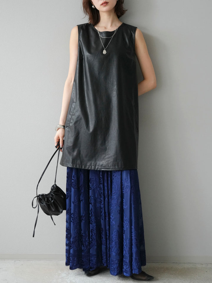 [予約]アンティーク柄フロッキーマキシスカート/ブルー