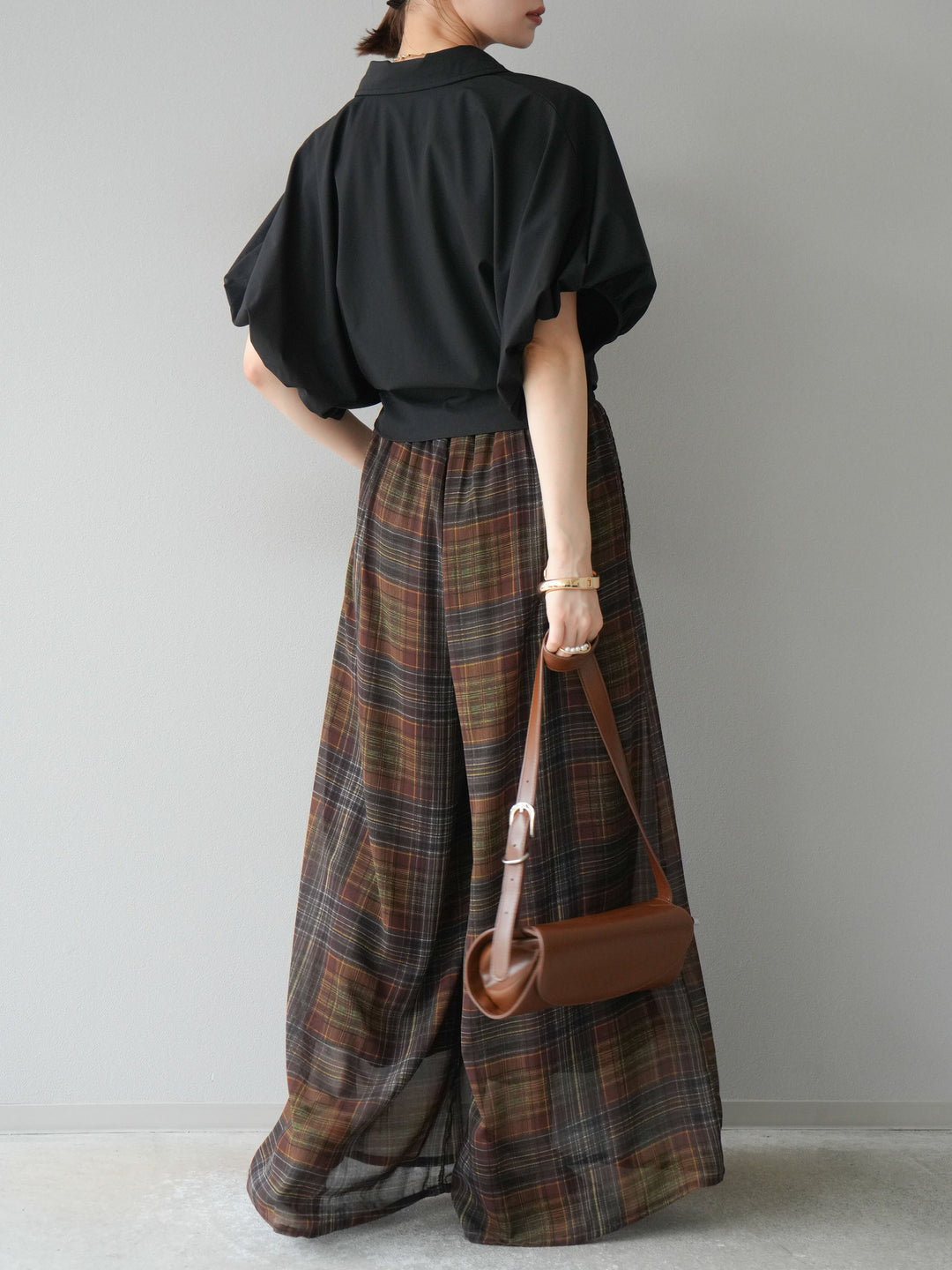[預購] 透視格紋寬鬆褲/棕色