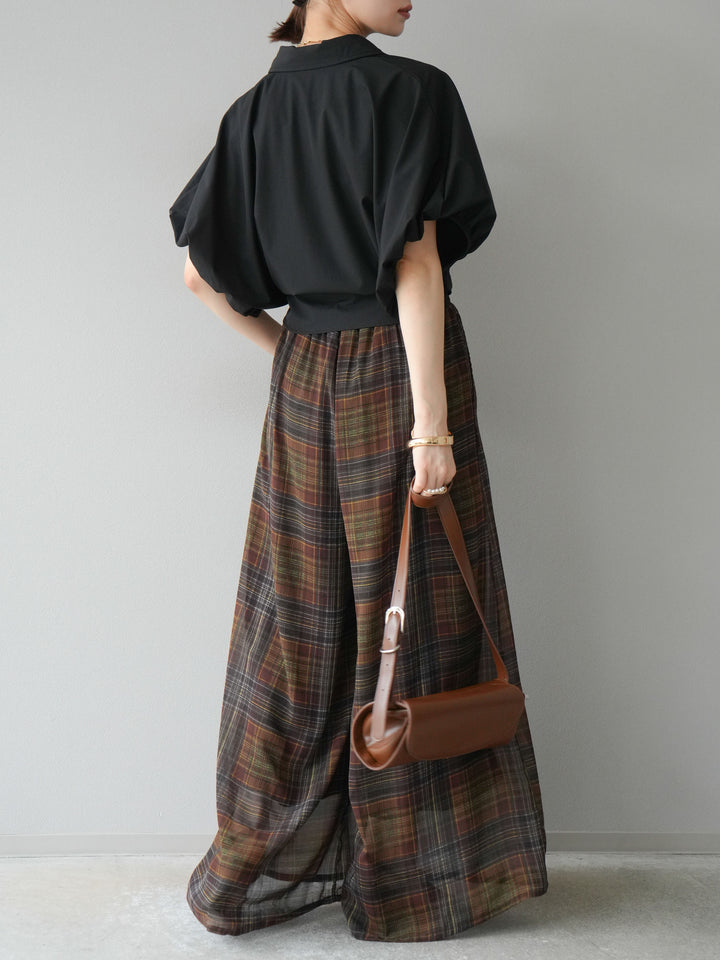 [預購] 透視格紋寬鬆褲/棕色