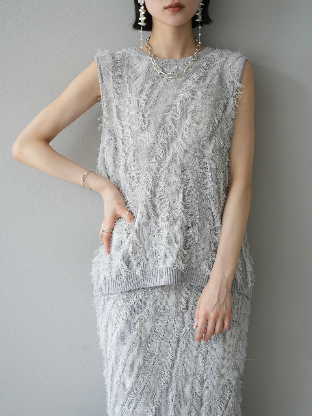 [Pre-order] Mixed fringe knit skirt/gray