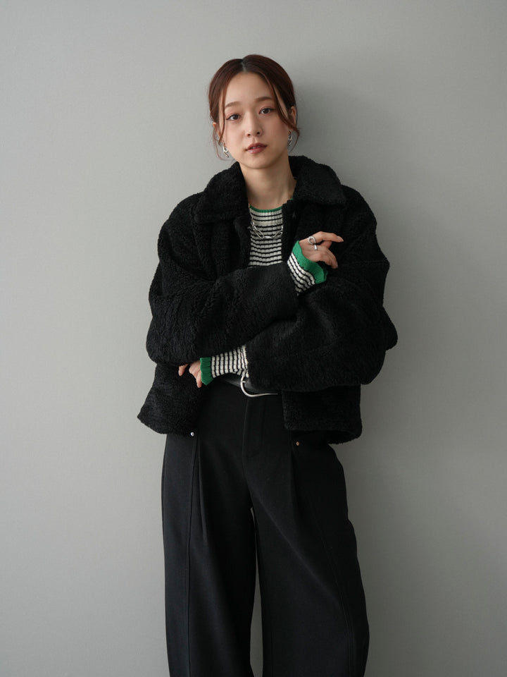 [SET]エコファーステンカラージャケット+ラメ異素材ボーダーリブニットプルオーバー+ベルト付起毛コクーンパンツ(3set)