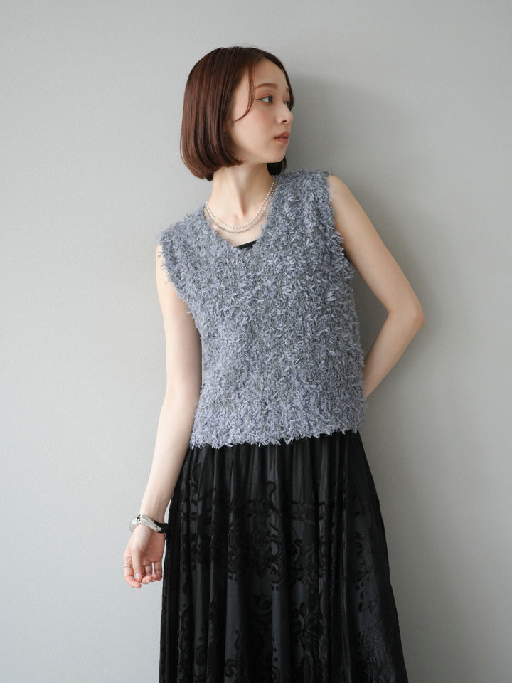 [SET]テープヤーンフリンジニットベスト+アンティーク柄フロッキーマキシスカート(2set)