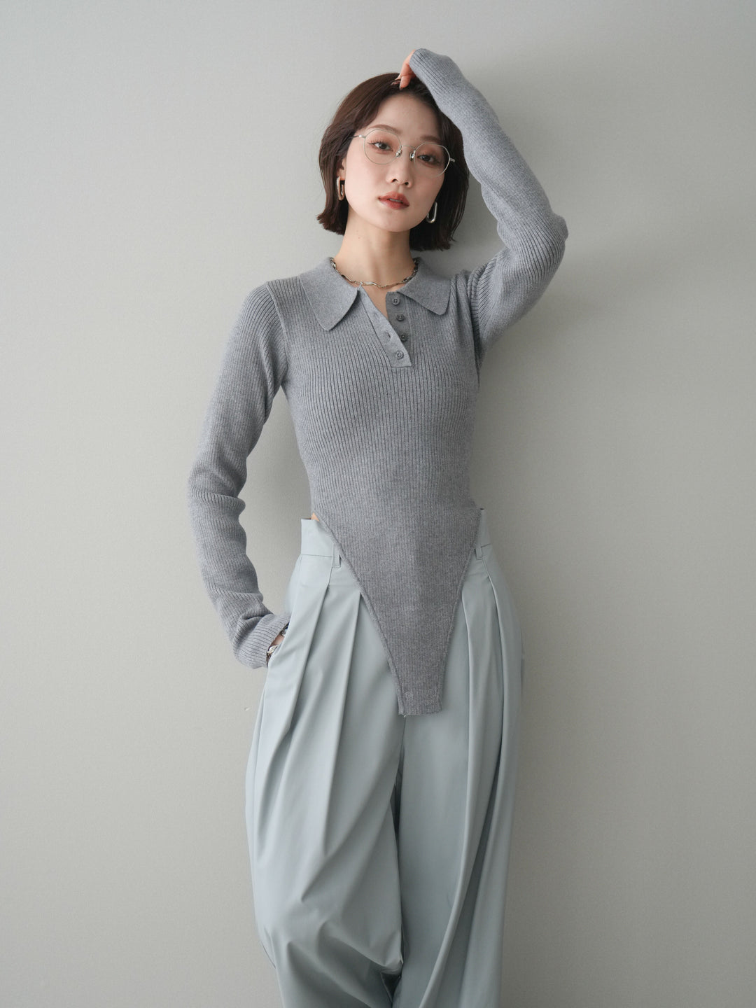 [予約]リブポロニットボディスーツ/mokugray