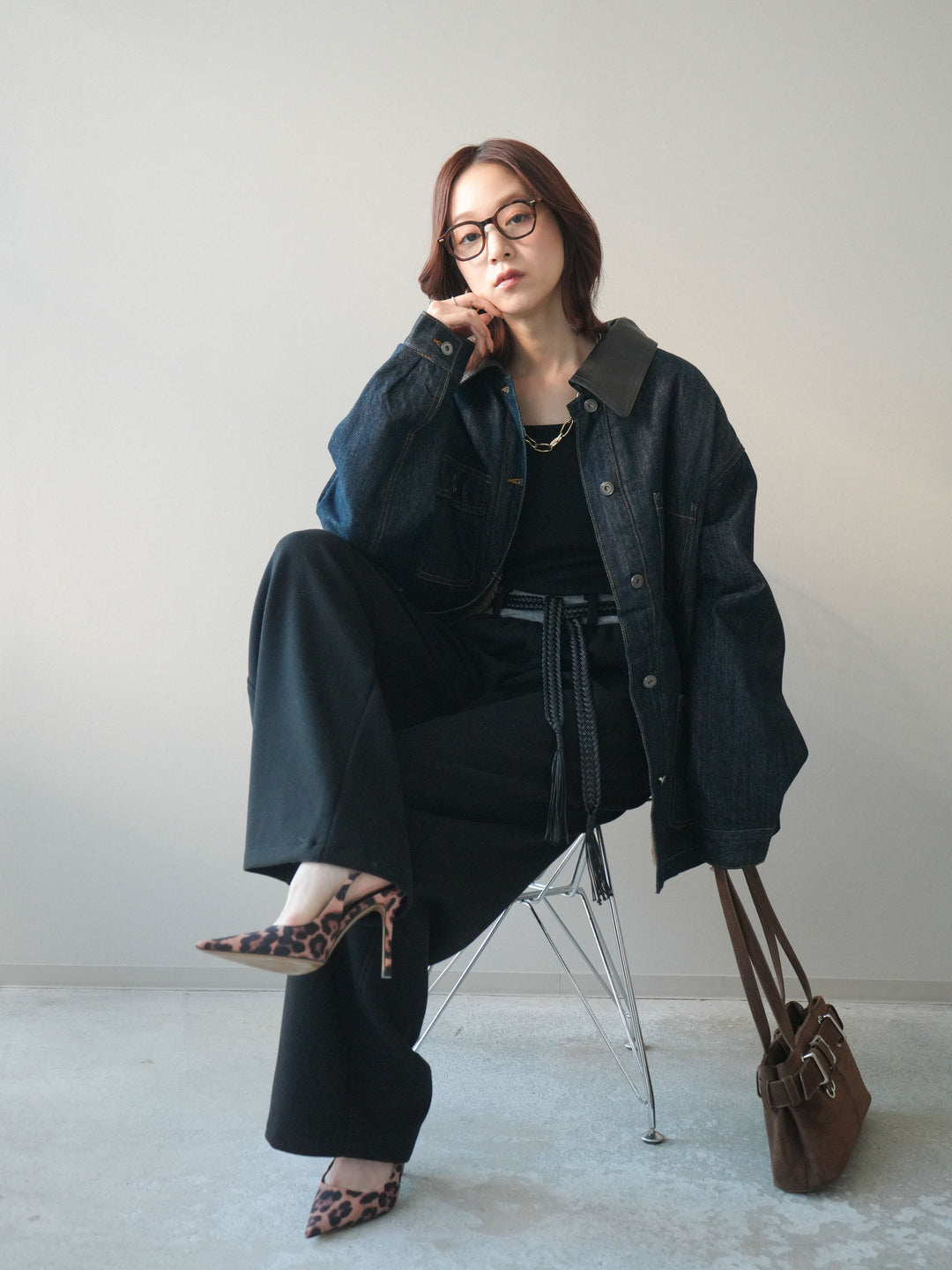 [SET]裏地ファーデニムフライトジャケット+編み込みベルト付きウエスト配色スエットパンツ(2set)