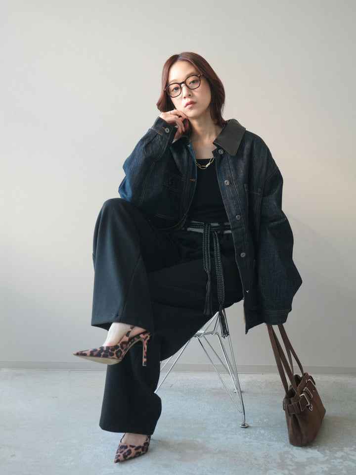 [SET]裏地ファーデニムフライトジャケット+編み込みベルト付きウエスト配色スエットパンツ(2set)