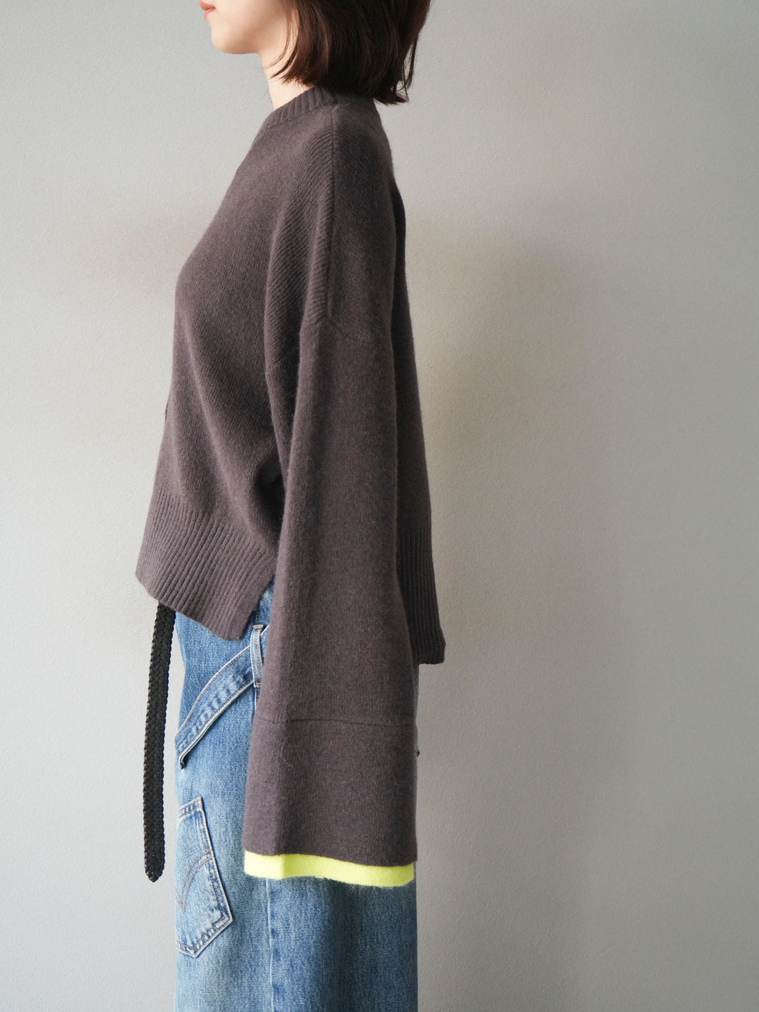 [予約]袖レイヤード配色ニットプルオーバー/brown