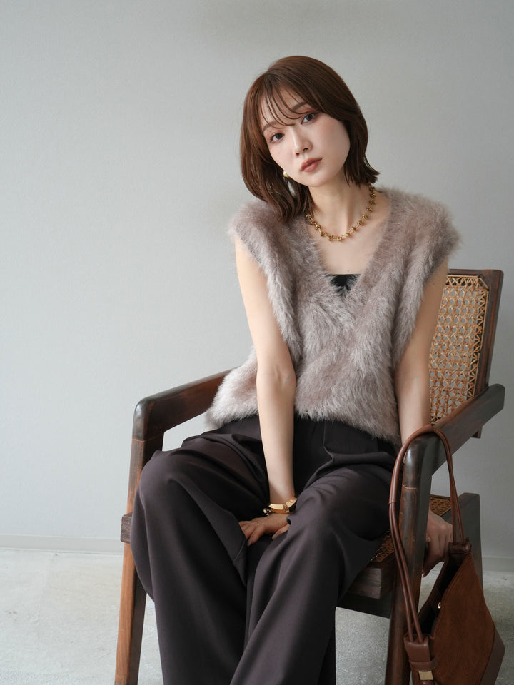 [SET]ラメシャギーVネックニットベスト+ベルトループデザインワイドパンツ(2set)