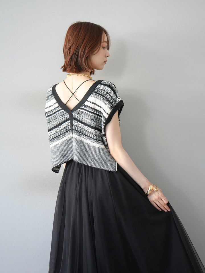 [予約]ガーター編み2WAYニットベスト/ホワイト×ブラック