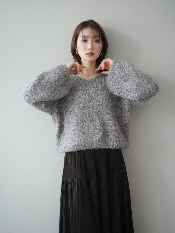 [SET]Vネックミックスヤーンニットプルオーバー+選べるアクセセット(2set)