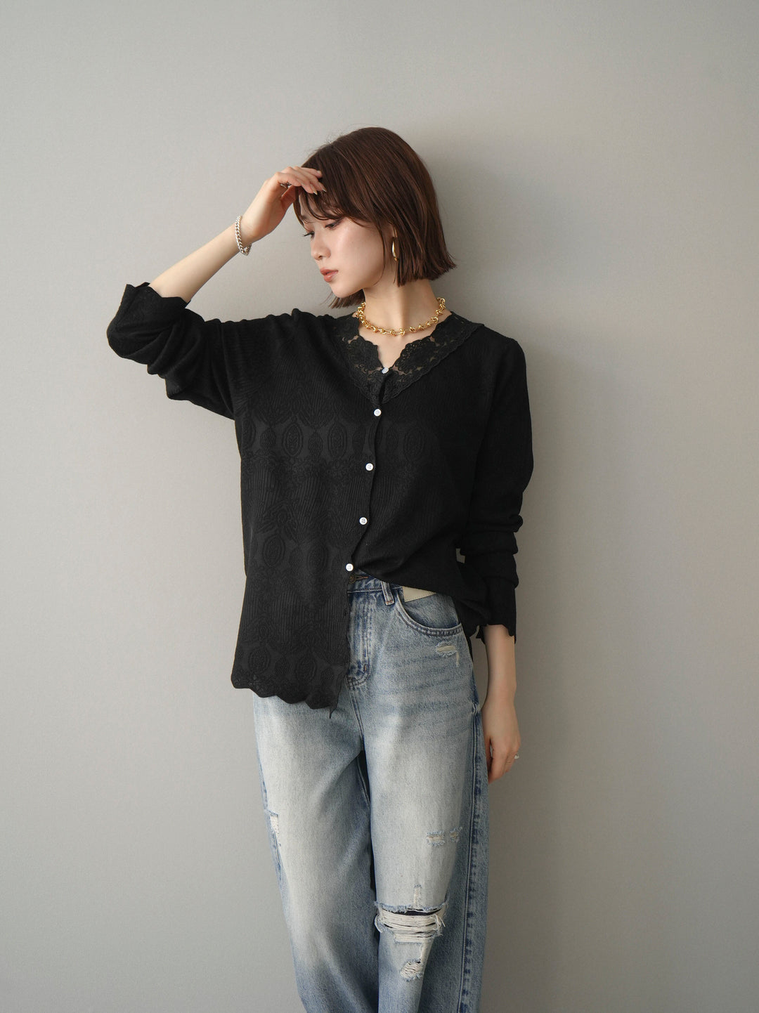 [SET]レースネックジャガードニットカーディガン+ダメージデニムセミワイドパンツ(2set)