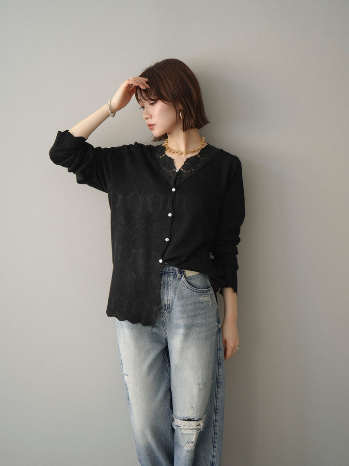 [SET]レースネックジャガードニットカーディガン+ダメージデニムセミワイドパンツ(2set)