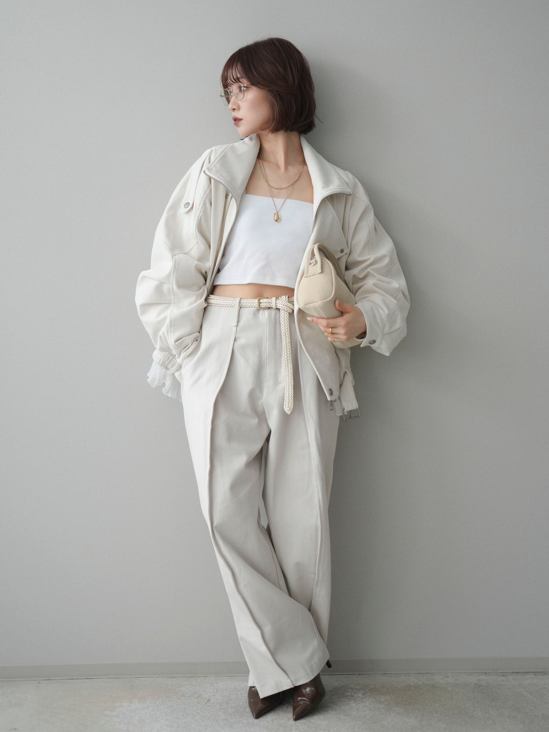 [SET]コーデュロイライダース裾レースブルゾン+カップ付テレコリブベアキャミソール+コットンツイルカーブパンツ(3set)