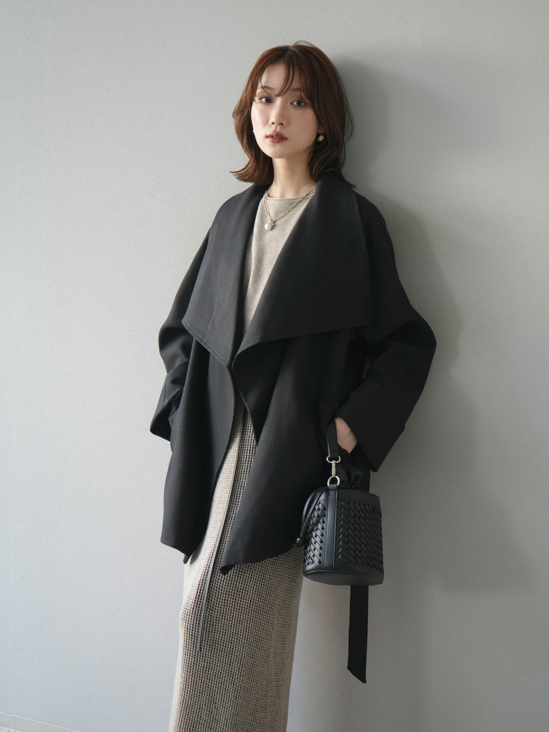 [予約]メッシュ切替ノースリーニットワンピース/beige