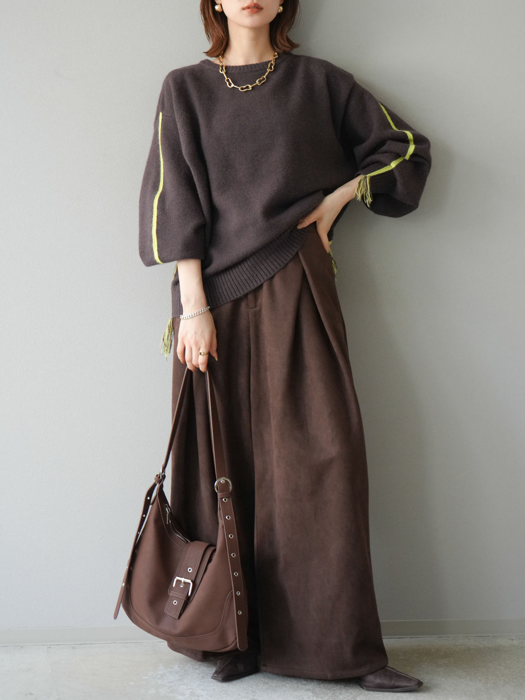 [SET]配色ステッチフリンジニットプルオーバー +スウェードタックワイドパンツ(2set)