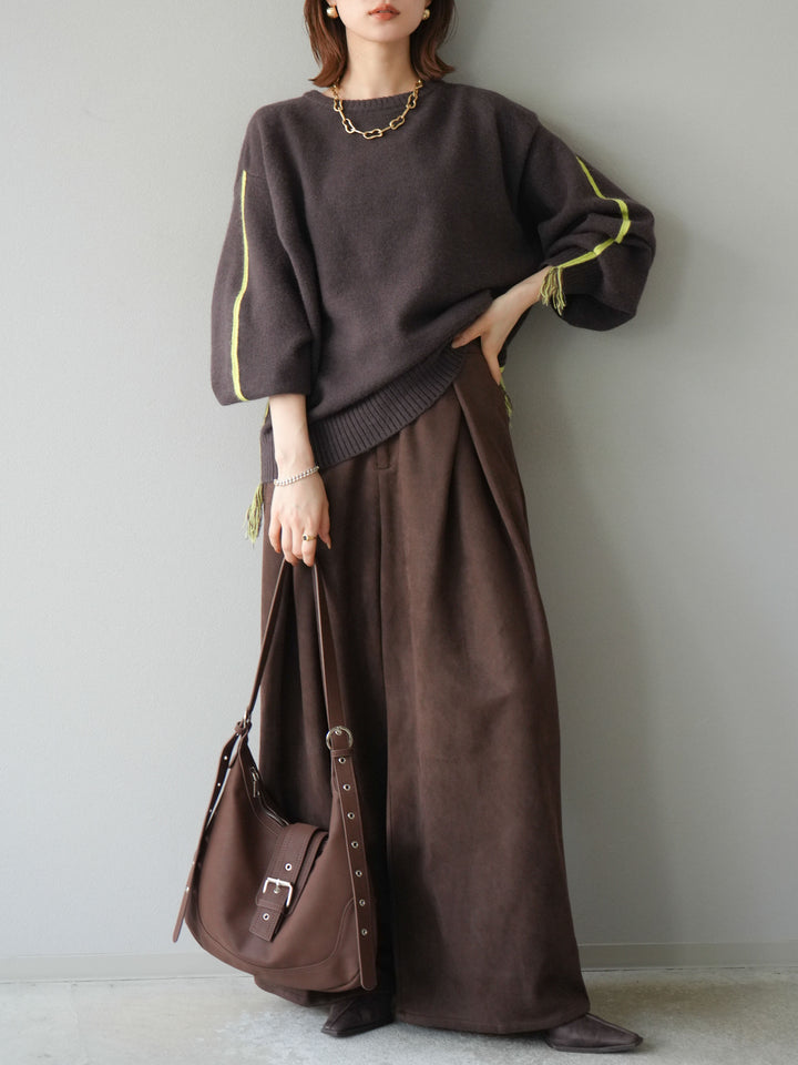 [SET]配色ステッチフリンジニットプルオーバー +スウェードタックワイドパンツ(2set)