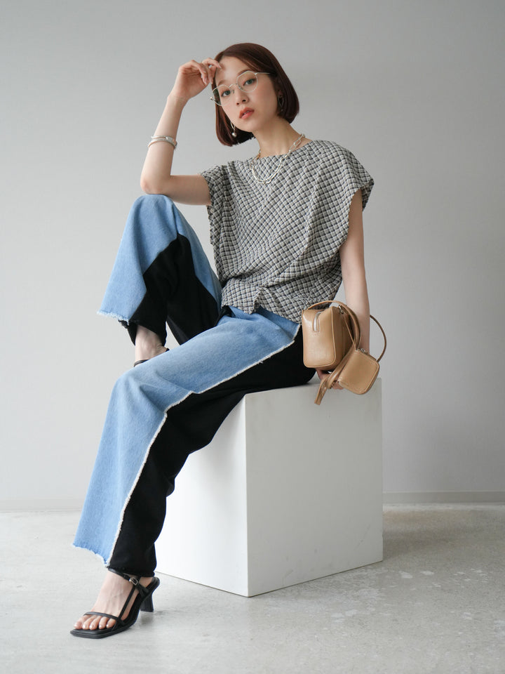 [予約]チェック柄タックデザインフレンチスリーブトップス/ブラウン